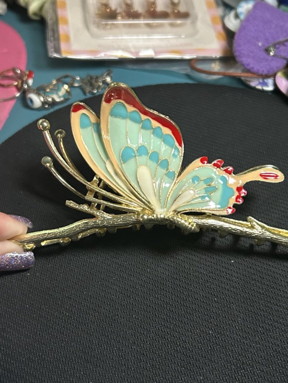 Gold Tone Enamel Butterfly on Branch Metal Hair Claw Clip - Picture 4 of 5